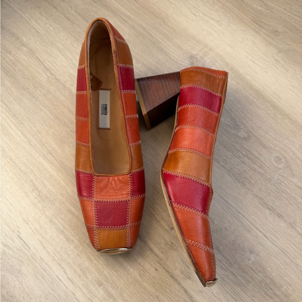 Miista Patchwork Leather Heels - Red and Brown